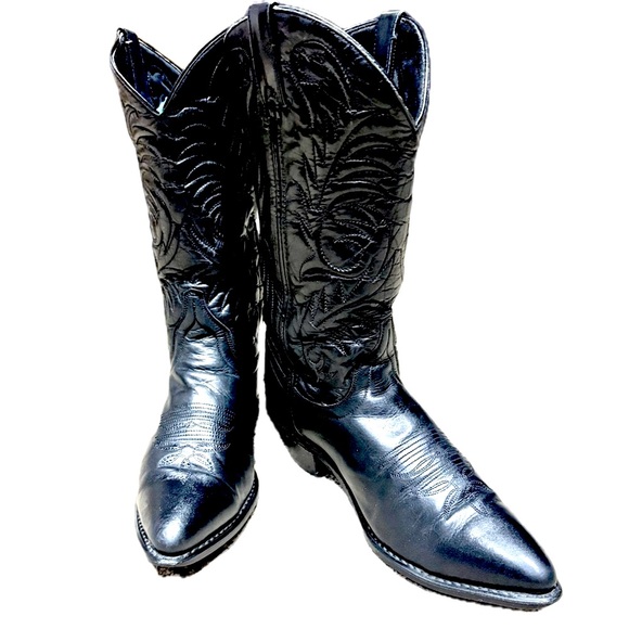 👢💄 VINTAGE 80s Black Leather Cowboy Boots | Classic Flame Stitch Western Size 8 - Picture 1 of 9